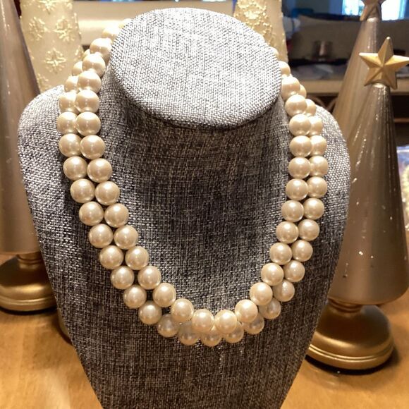 Double Strand Faux Pearls with Decorative  Goldtone Fastener - Picture 1 of 8